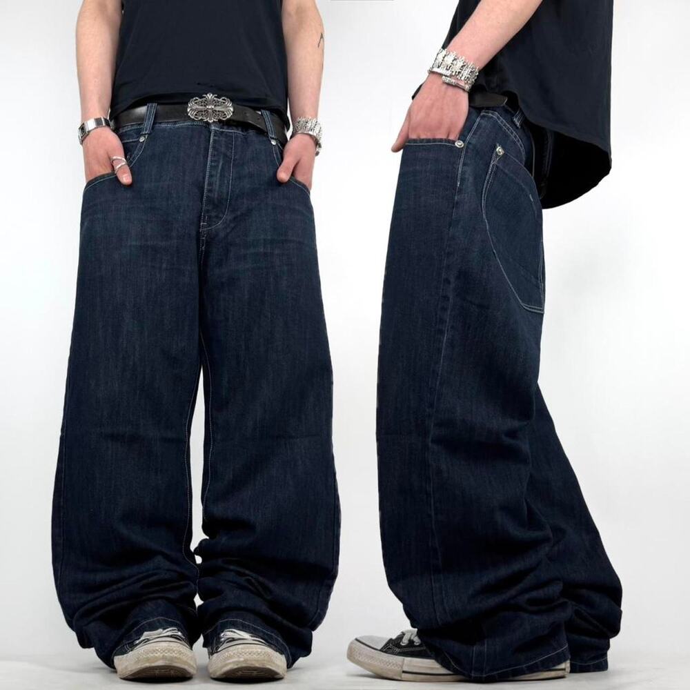 Vintage y2k rare dark wash embroidered baggy wide leg archive jeans